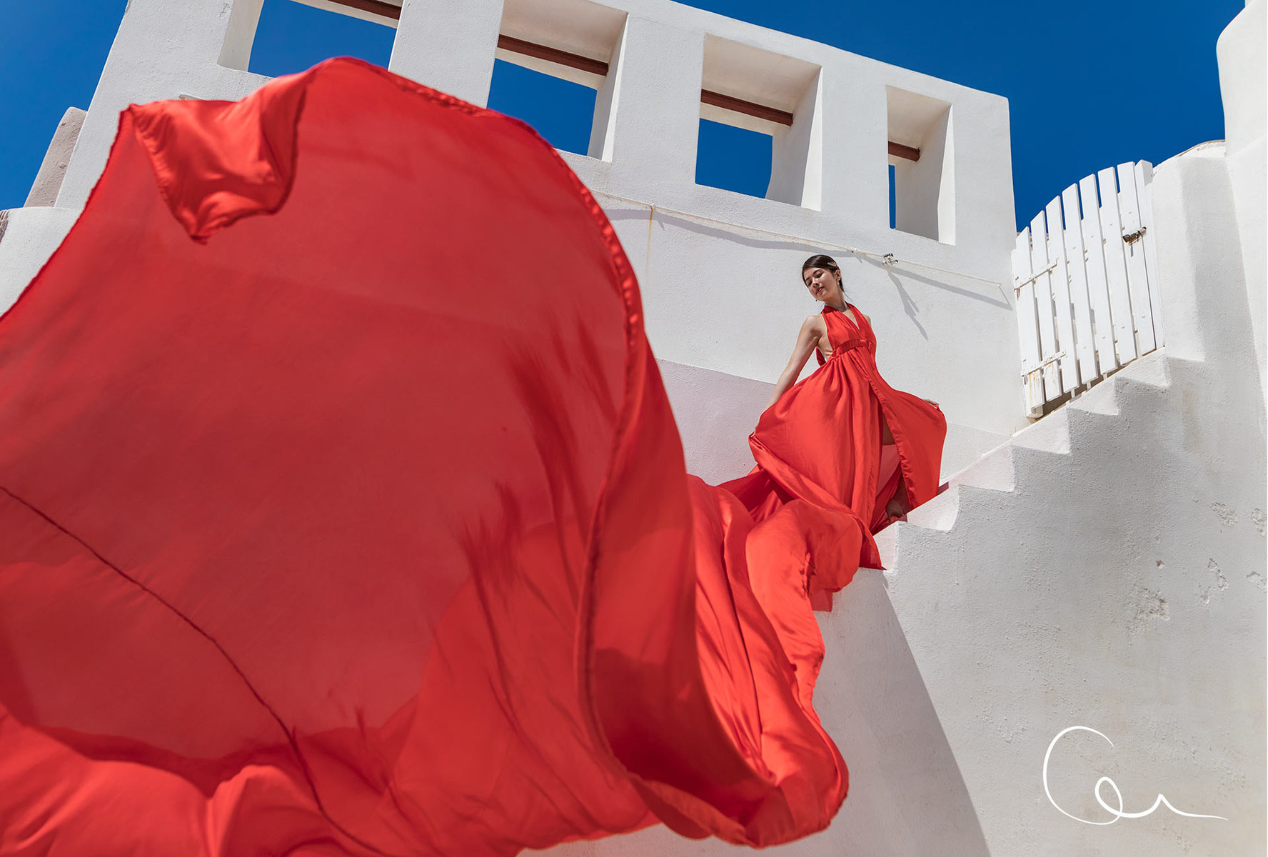 red dress photography Santorini