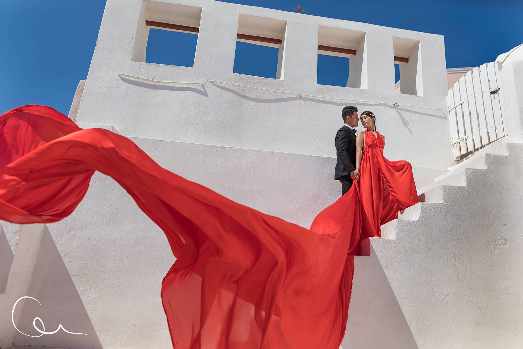 red dress photography Santorini