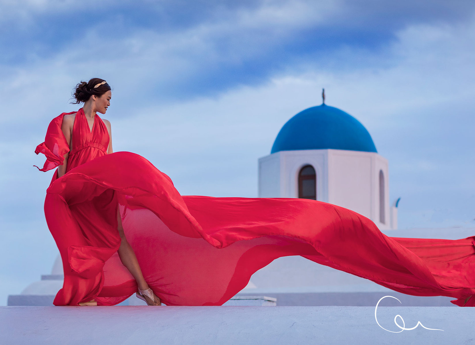 red dress photography Santorini