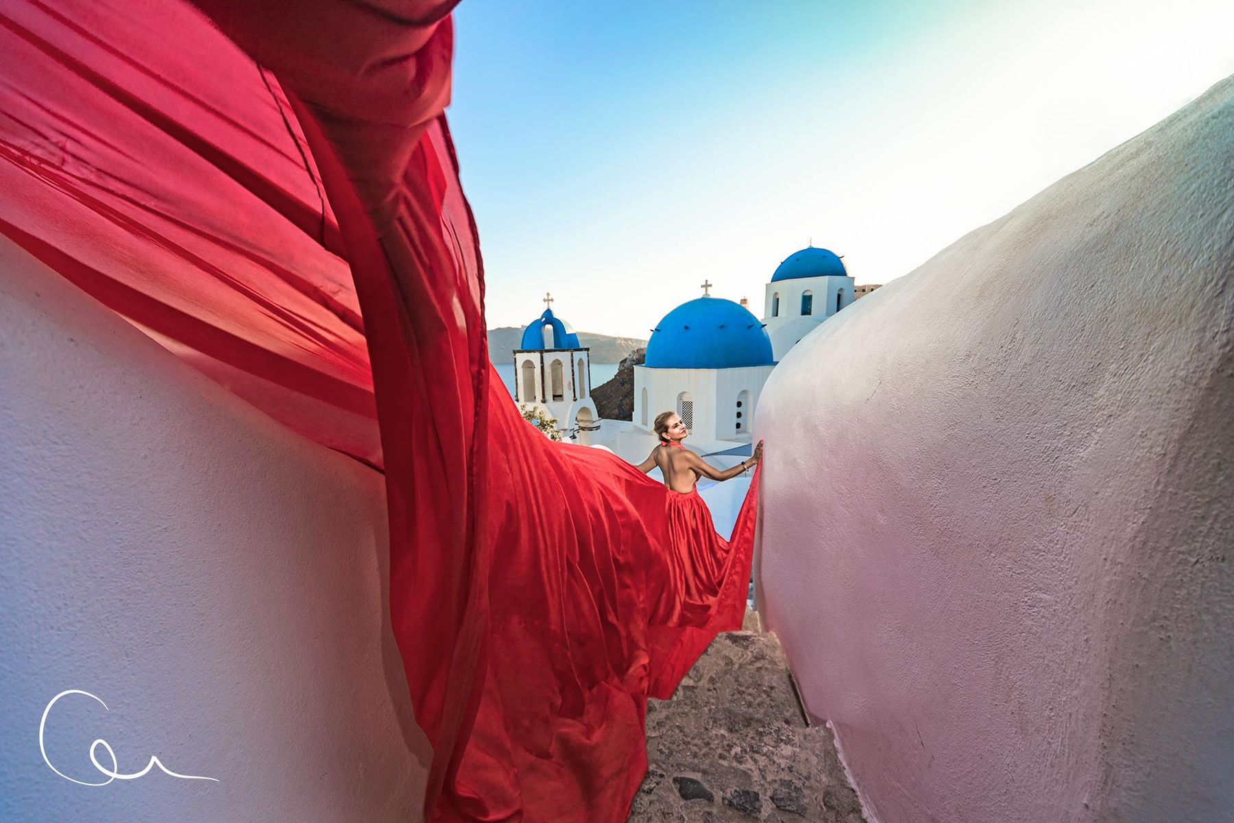 red dress photography Santorini