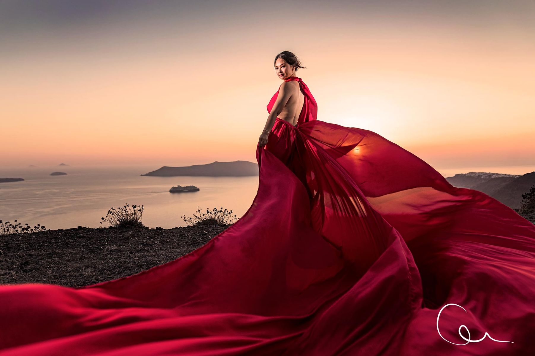 red dress photography Santorini